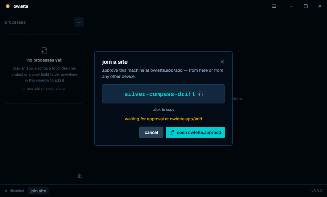 the join a site dialog showing a pairing phrase