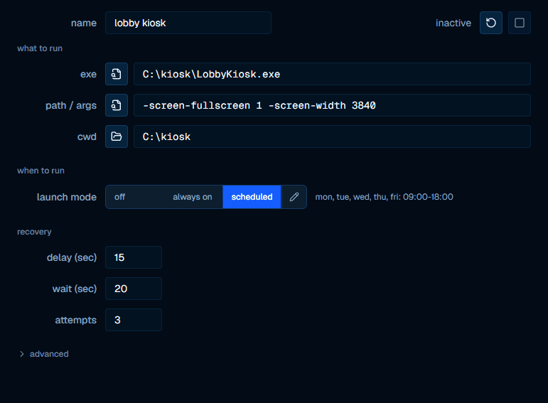 the process settings panel with the launch mode set to scheduled
