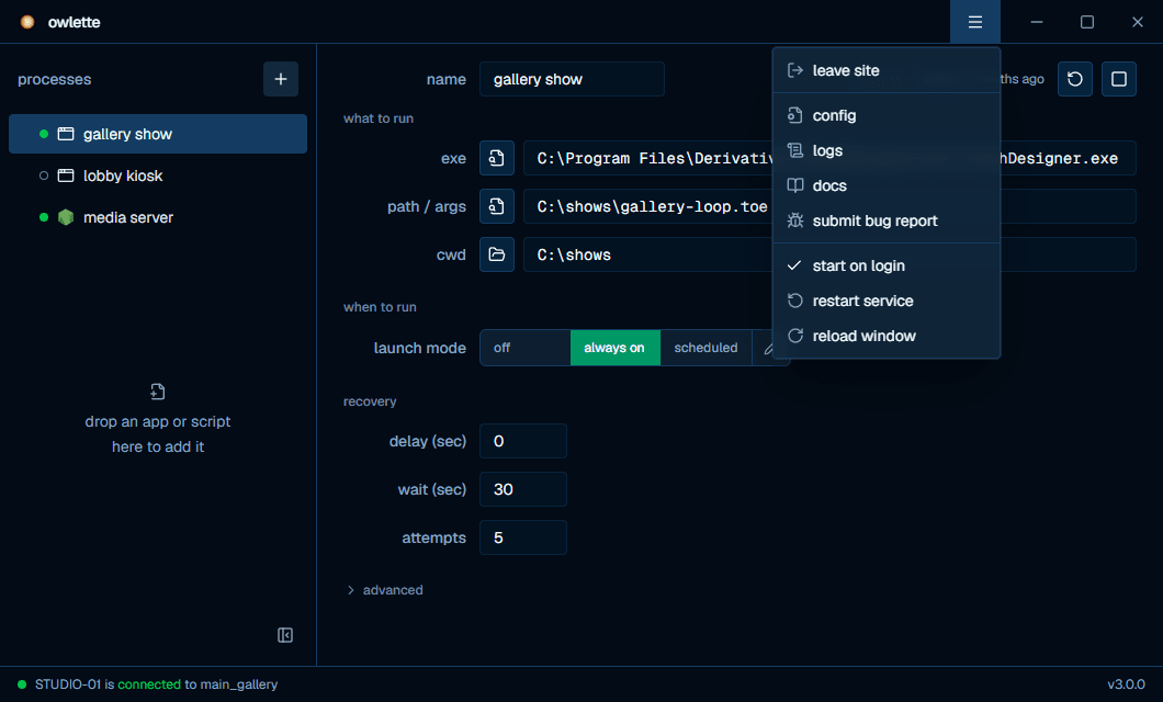 the owlette desktop app's menu, open, on a machine that belongs to a site