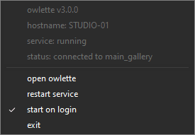 the owlette tray right-click menu, showing the version, hostname, service and cloud status above the actions