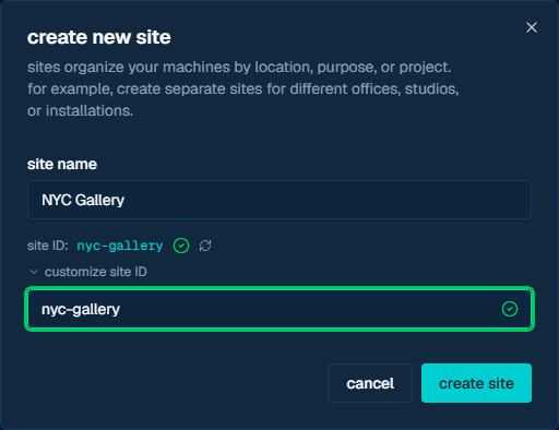 create site dialog